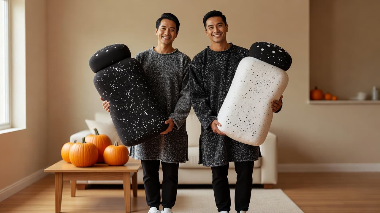 A smiling couple in matching black and white salt and pepper costumes standing side by side in a living room with orange pumpkins on a table