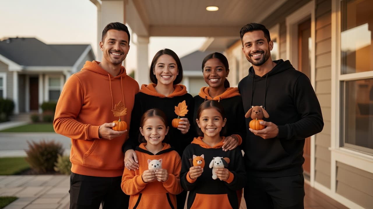 A group of four adults and two children standing on a suburban porch at dusk wearing coordinated cotton and fleece costumes in warm orange and black tones
