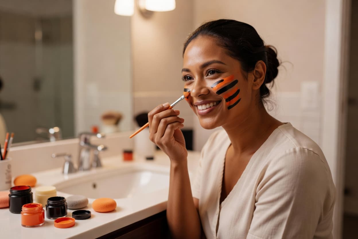 A smiling adult with medium skin tone sitting at a bathroom vanity applying orange and black face paint stripes with a small brush