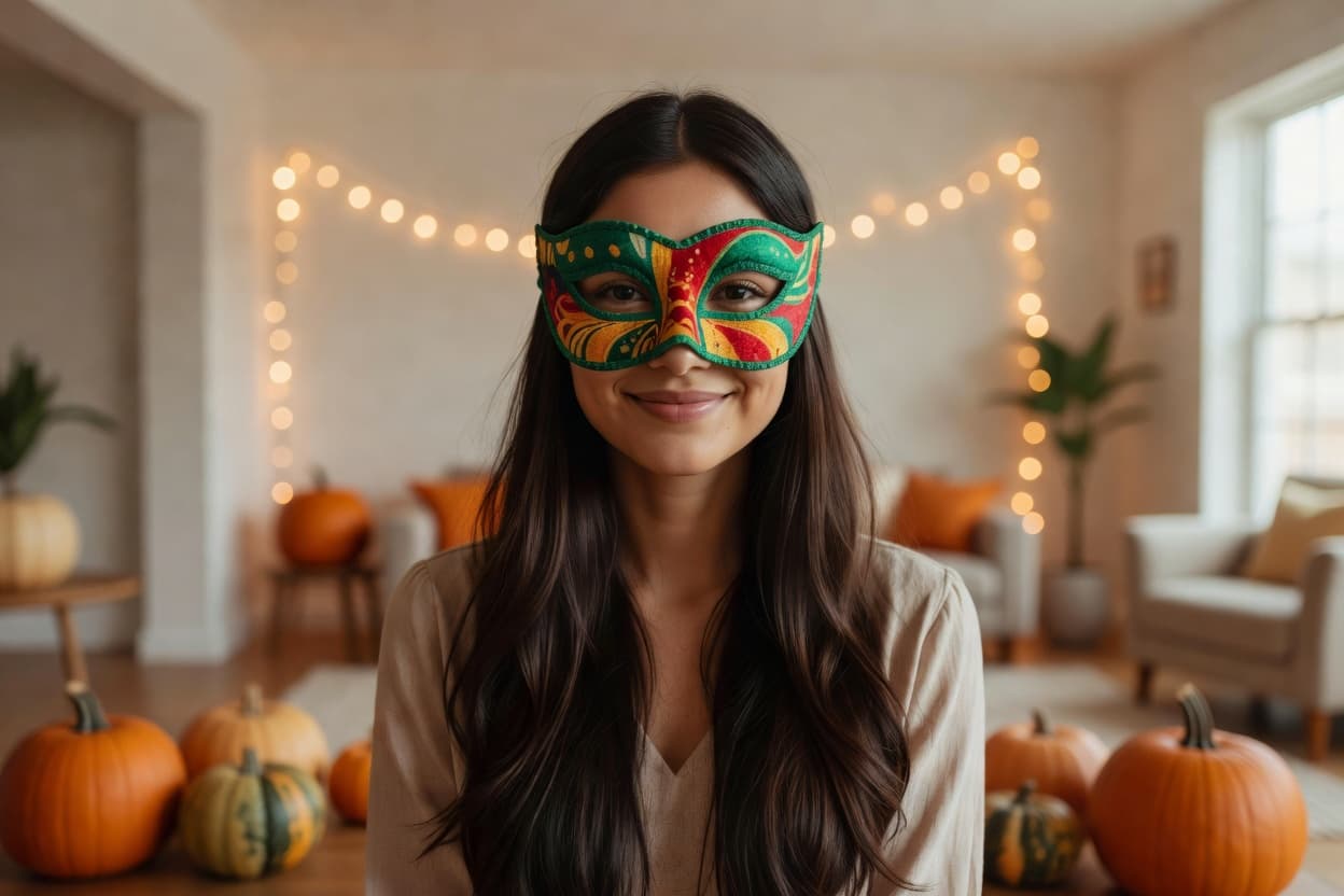 Woman with long dark hair wearing a colorful half-mask at a home Halloween party