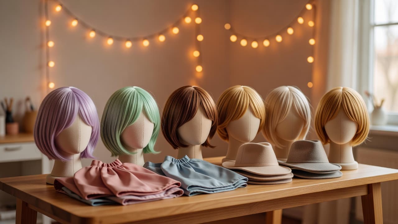 Colorful assortment of shoulder-length and bob wigs displayed on stands next to folded capes and simple hats on a wooden table with warm orange string lights in the background