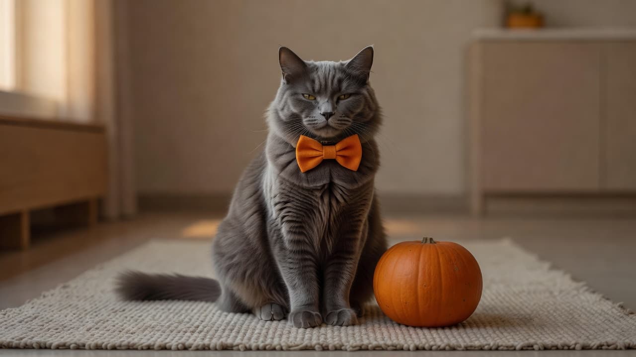 A relaxed gray cat wearing only a small orange felt bow tie clipped to its collar