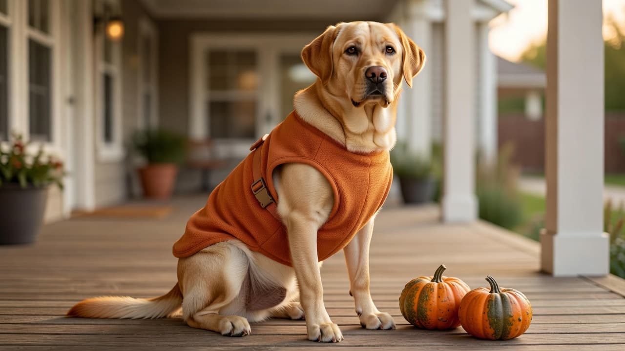 A relaxed Labrador retriever wearing a soft orange fleece vest costume with adjustable straps